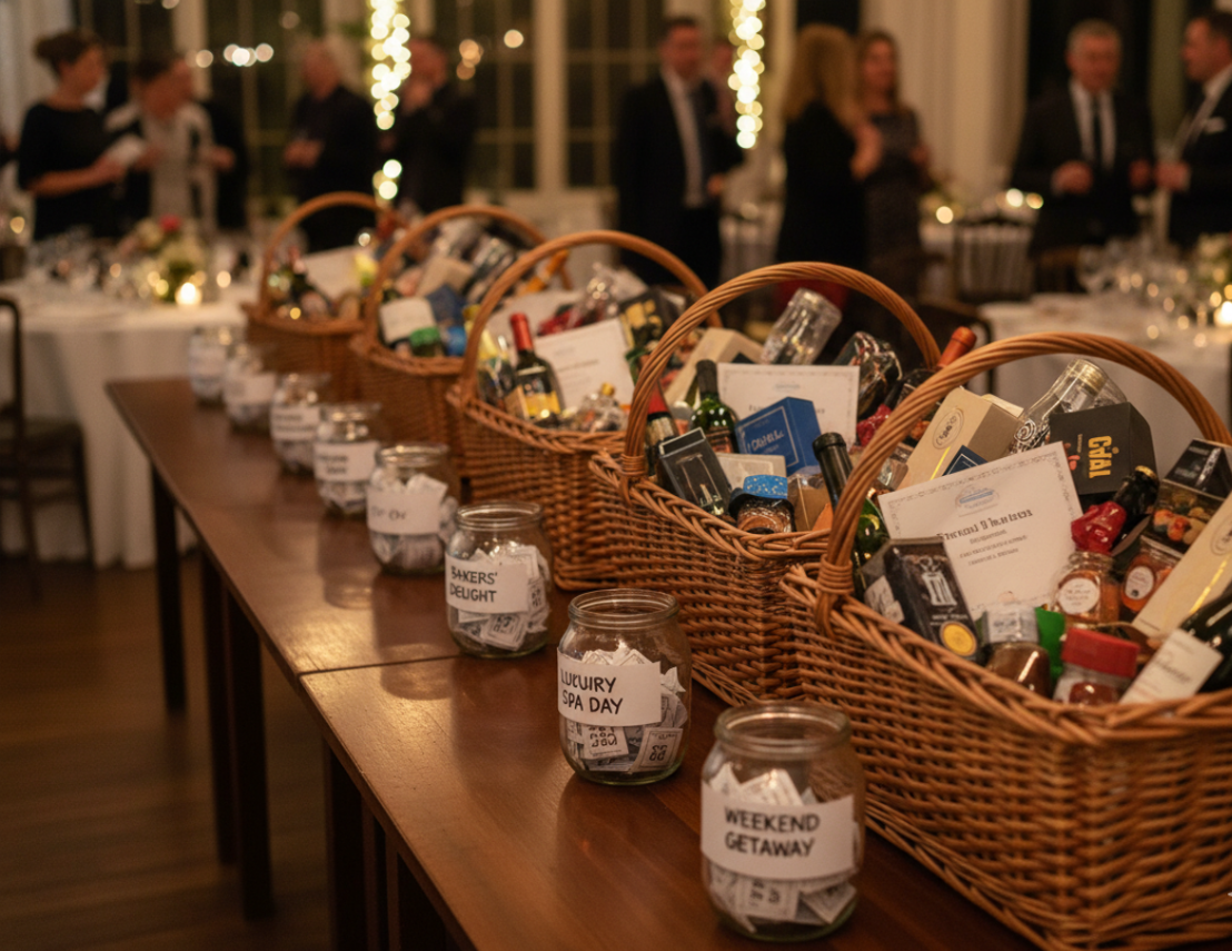 Multiple themed gift baskets on a gala table with labeled ticket cups in front of each, warm event lighting