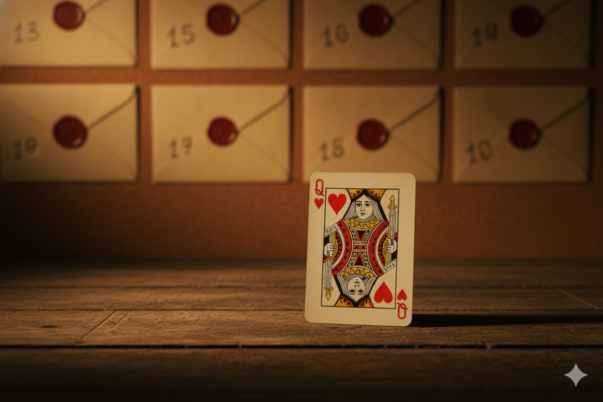 Queen of Hearts playing card resting on a wooden surface with blurred corkboard showing rows of sealed numbered envelopes behind, dramatic depth-of-field warm side lighting