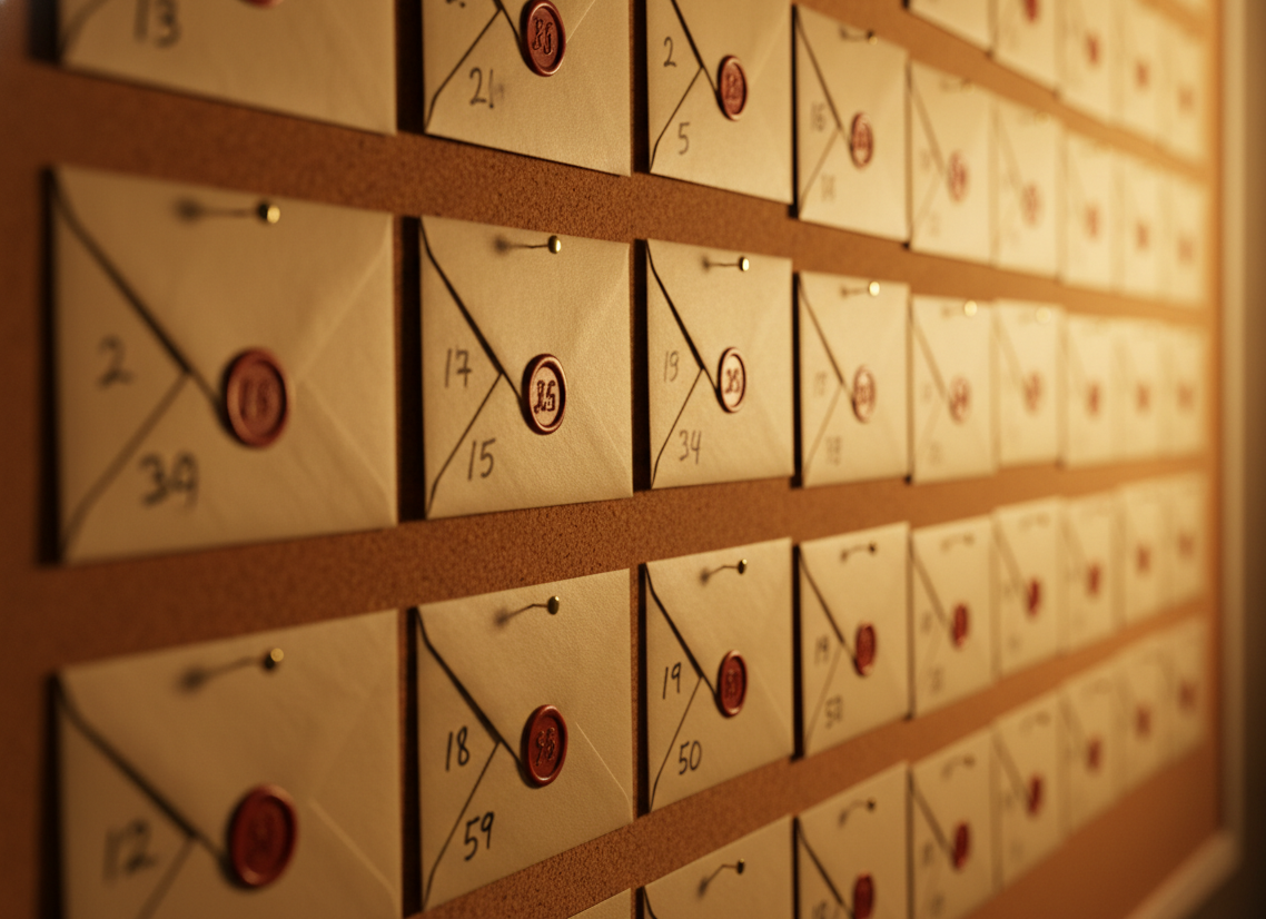 Queen of Hearts playing card close-up with blurred corkboard and sealed numbered envelopes behind, dramatic depth-of-field warm side lighting