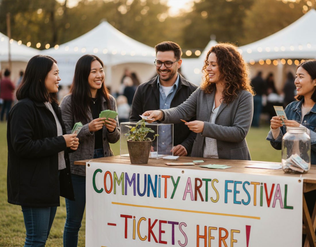 Volunteers at a community booth selling paper raffle tickets, colorful banner, warm candid setting