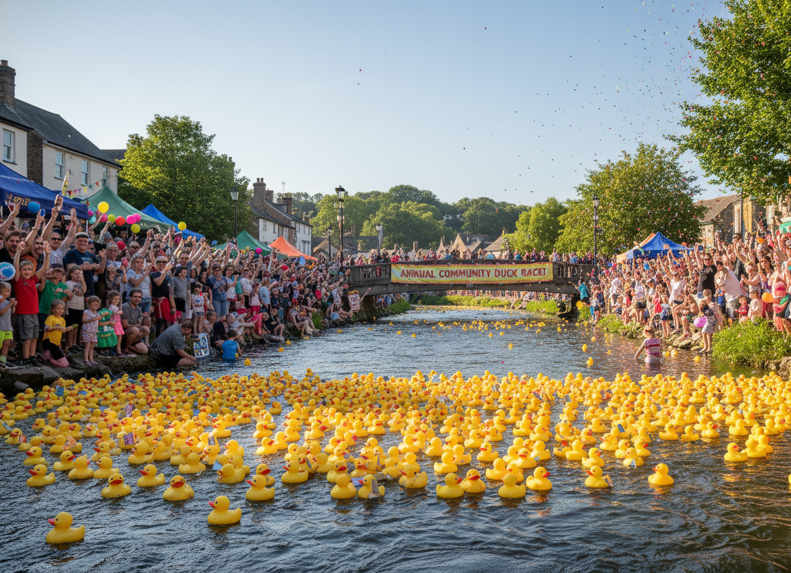 Hundreds of yellow rubber ducks in a river at a community fundraiser event, crowd cheering from the bank, sunny and festive wide shot