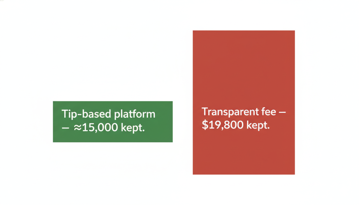 Bar chart comparison showing tip-based platform keeping approximately $15,000 versus transparent fee platform keeping $19,800 on a $20,000 raffle campaign