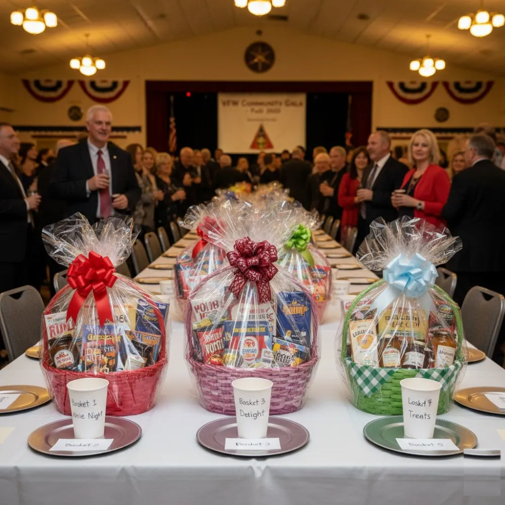 Gift baskets lined up for a basket raffle at a banquet