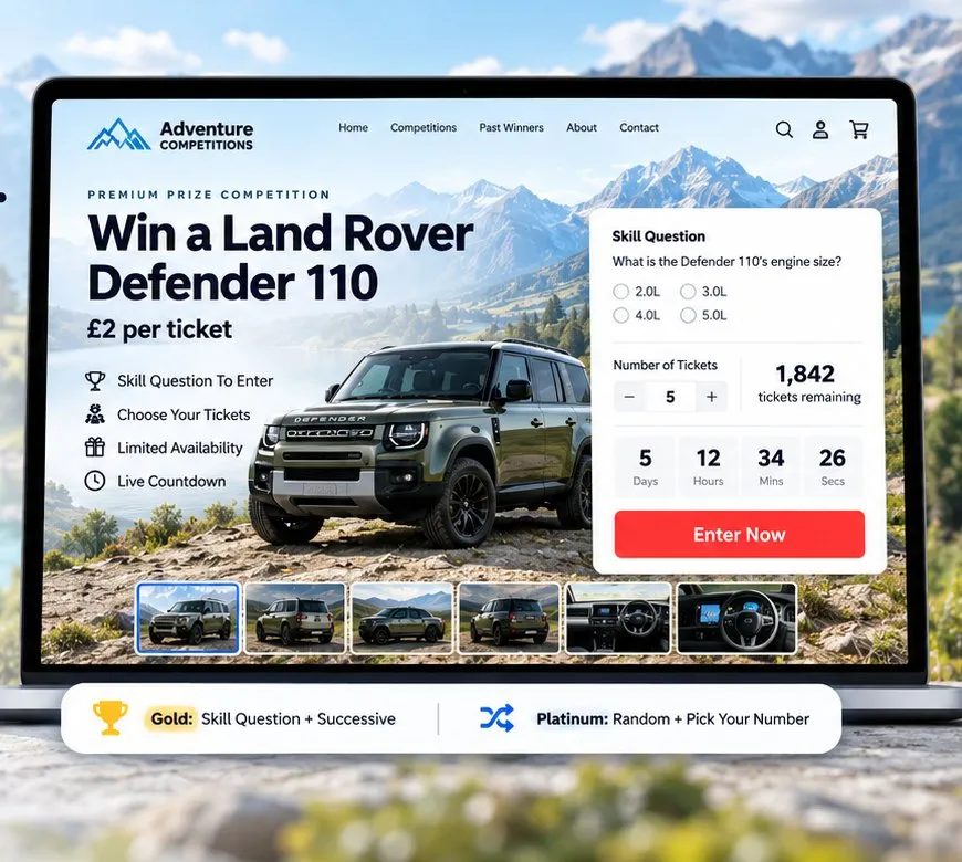 Prize competition website mockup: a Land Rover Defender 110 competition with skill question, ticket quantity, live countdown and remaining tickets