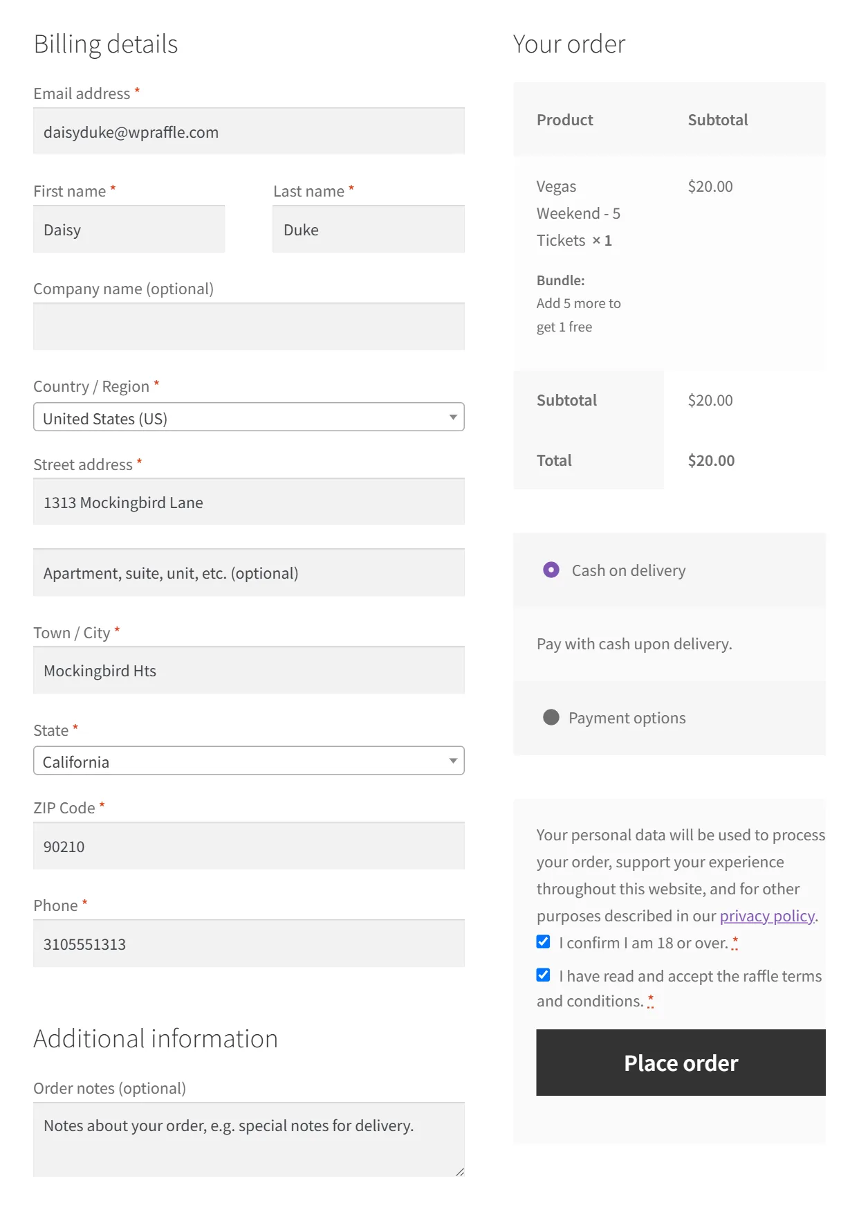 Checkout with raffle tickets in the cart