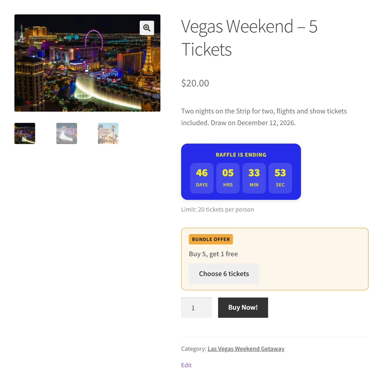 Ticket bundle offer and per-customer limit on a raffle product page