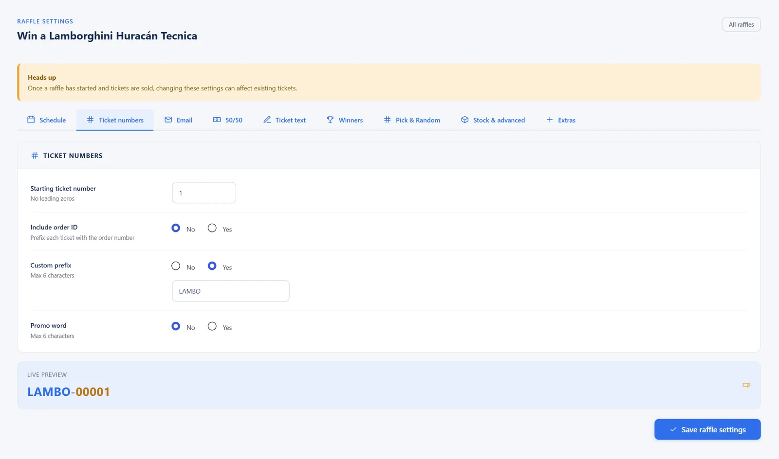 Settings → Ticket numbers
