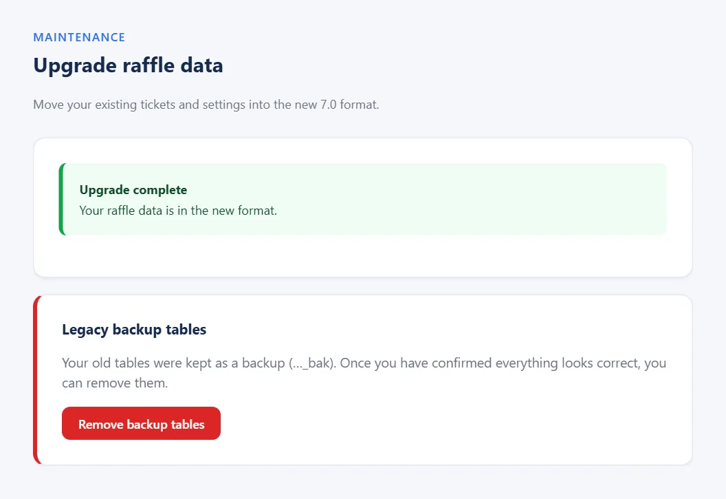 The Upgrade page after the upgrade
