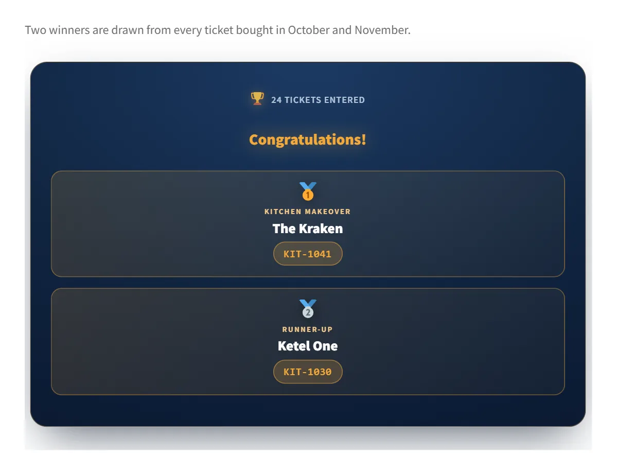 Live draw page on the website