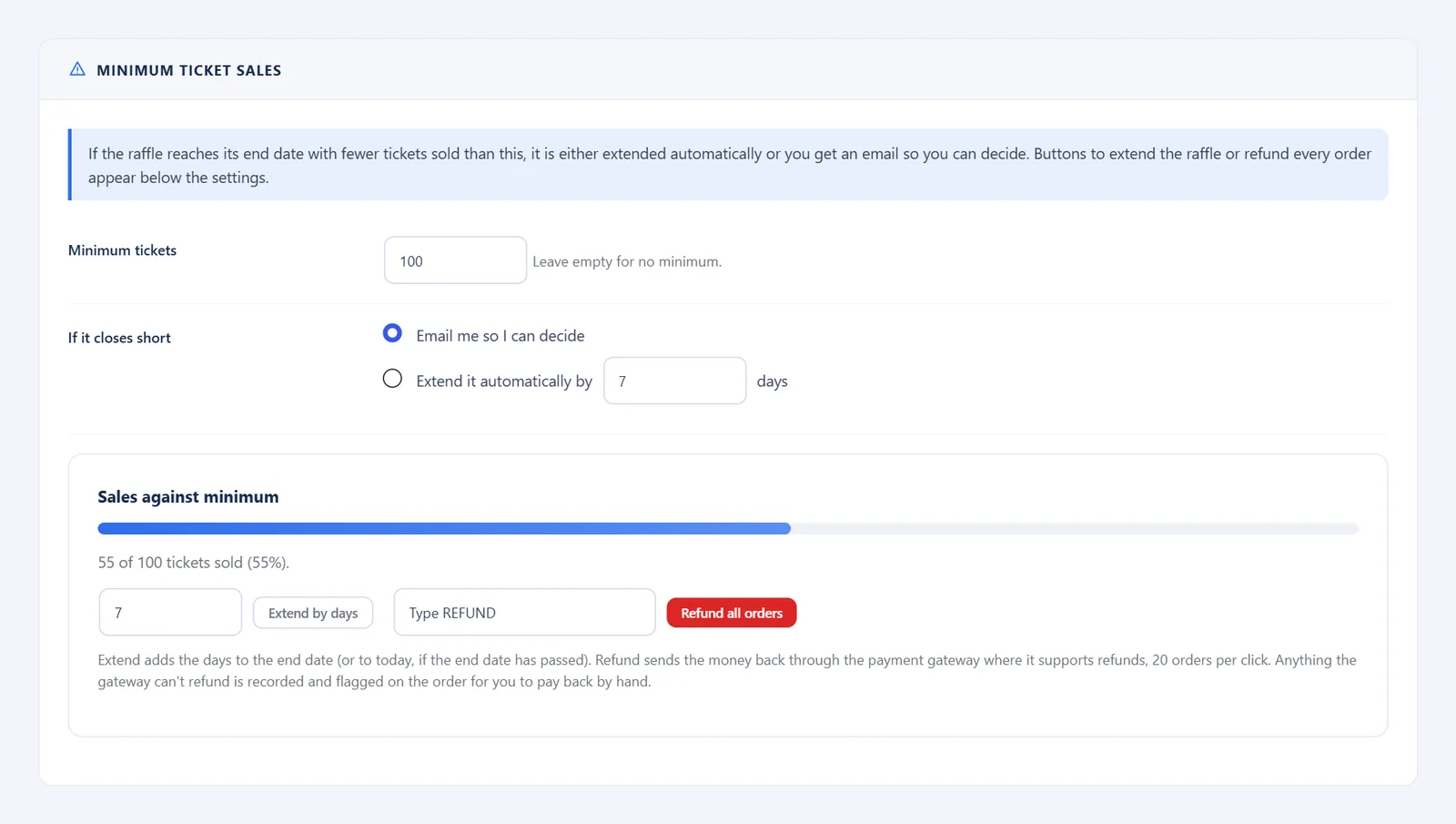 Settings → Extras → Minimum ticket sales