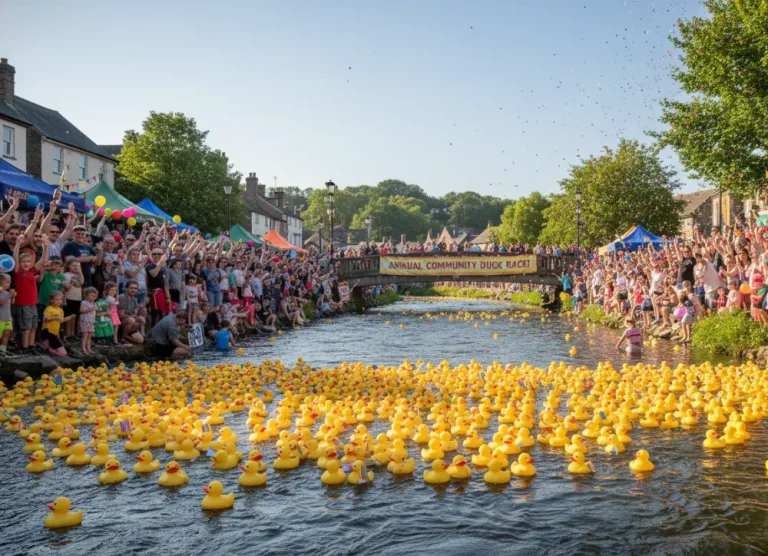 Hundreds of numbered rubber ducks floating down a river