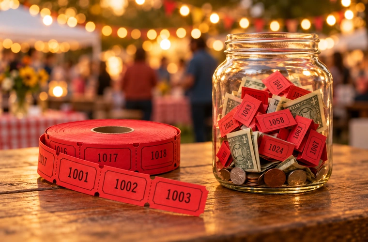 Raffle tickets and a jar of cash at a 50/50 fundraiser