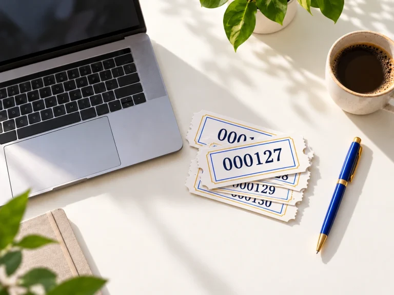 Laptop, raffle tickets and a pen on a bright desk