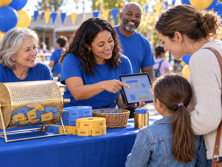 Volunteers selling raffle tickets at a community fundraiser