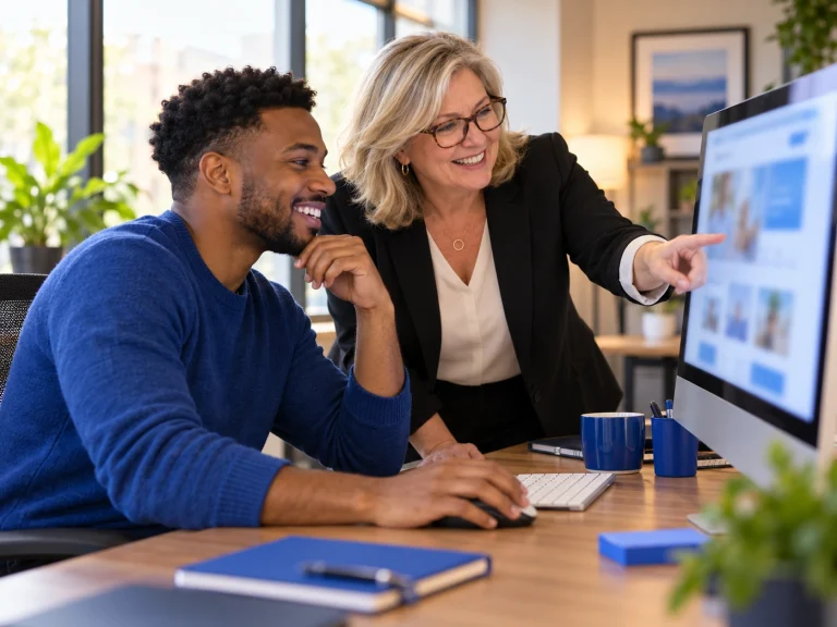 Web designer and nonprofit director reviewing a new raffle website